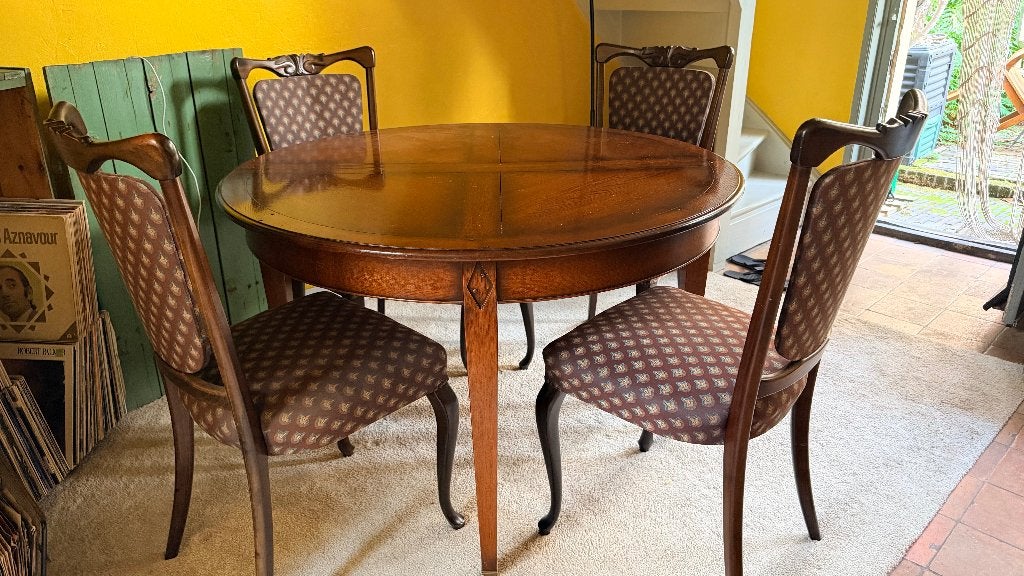 Tafel rond (antieke stijl) & 4 bijpassende stoelen, Huis en Inrichting, Tafels | Eettafels, Gebruikt, Rond, Kersenhout, Vijf personen of meer