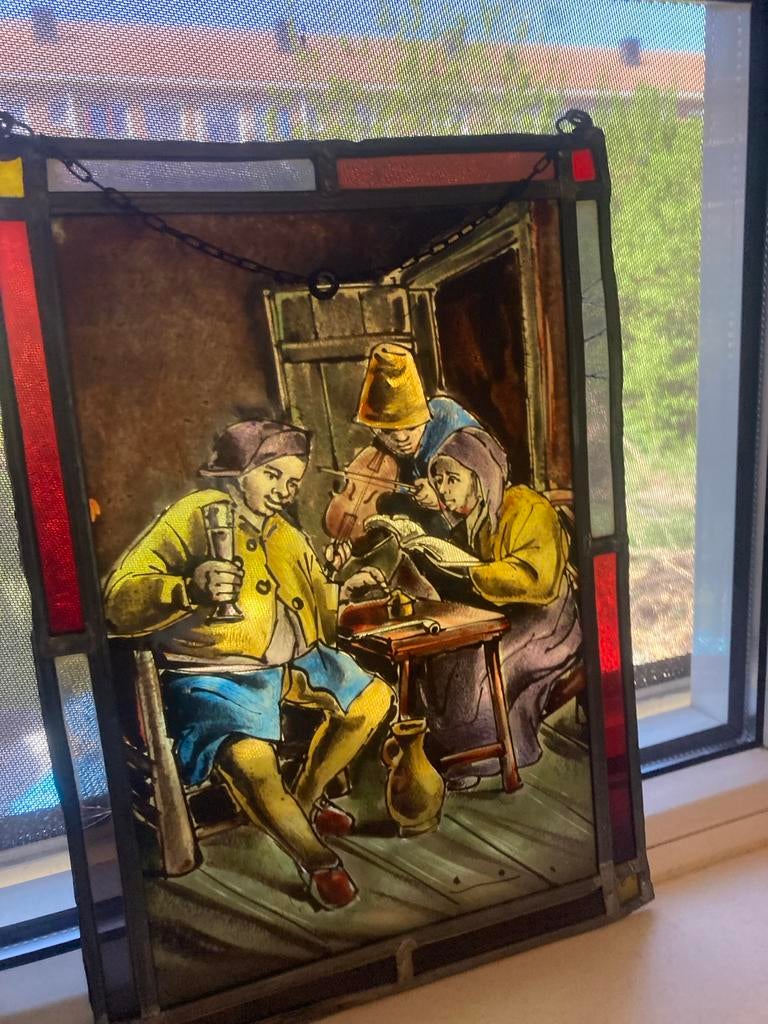 Glas in lood paneel met Hollandse tafereel, Ophalen of Verzenden