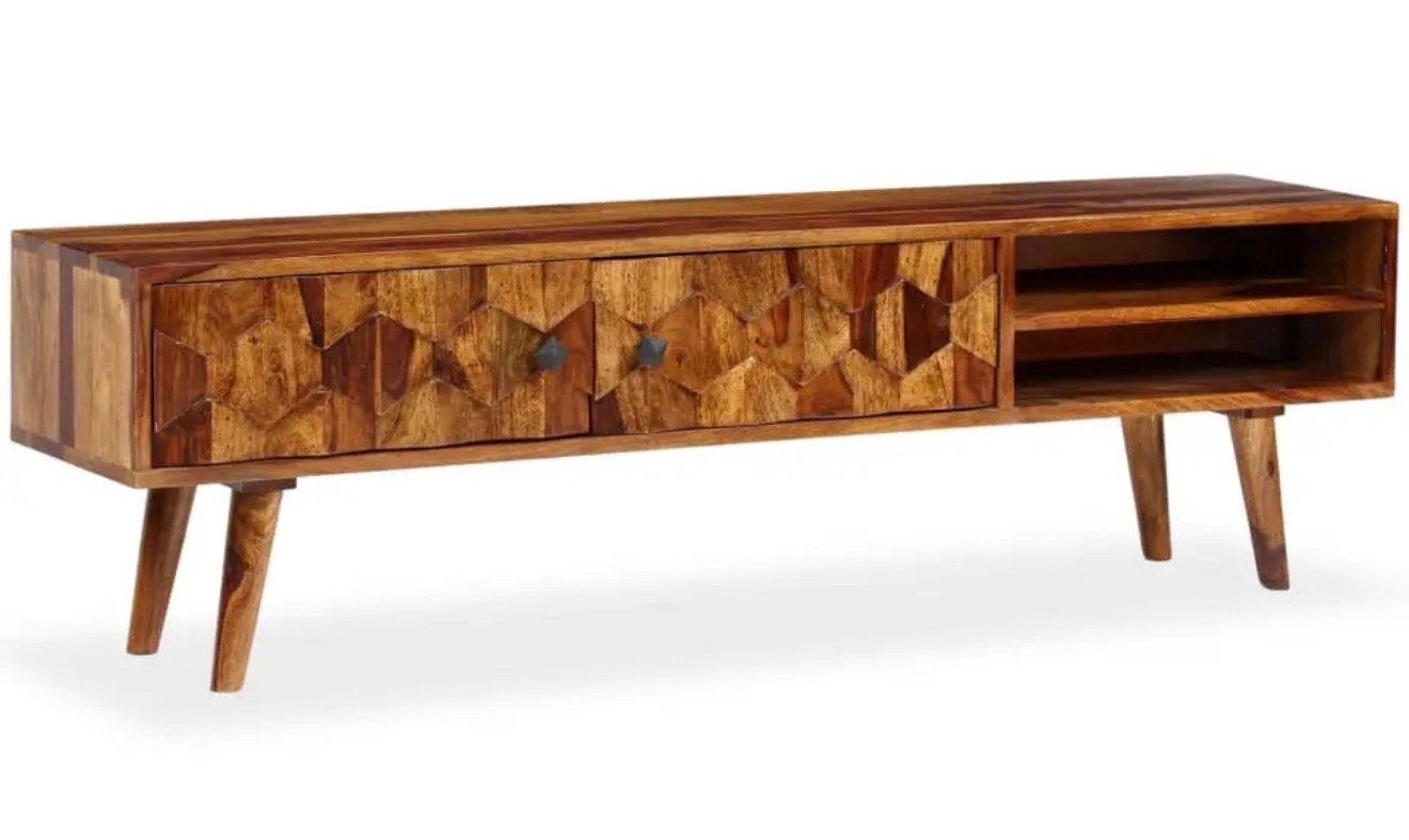 Massief acaciahouten tv-kast / dressoir - 140x30x40 cm, Ophalen, 100 tot 150 cm, Zo goed als nieuw, Minder dan 100 cm
