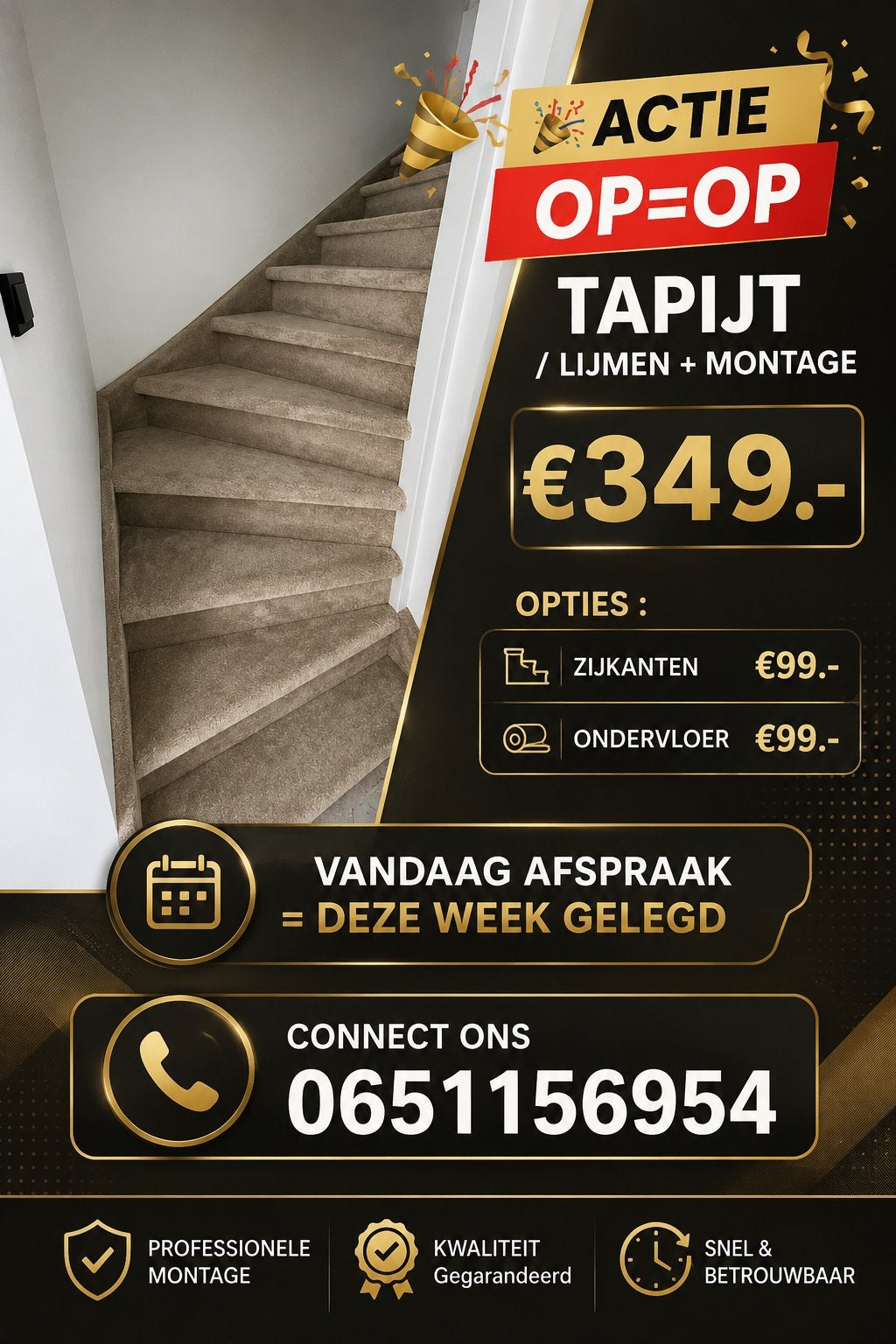 Tapijt inclusief lijmen en montage - Actie OP=OP, Ophalen of Verzenden, Nieuw, Beige