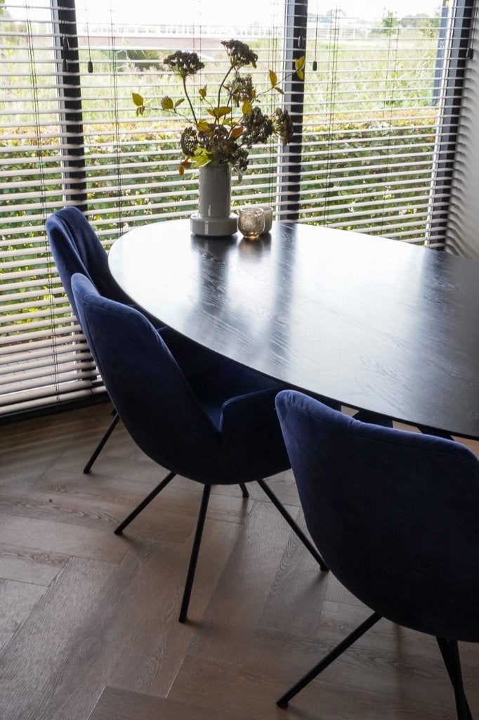Luxe Eetkamerstoelen 6 stuks, Gebruikt, Blauw, Ophalen of Verzenden, Modern, hotel chique