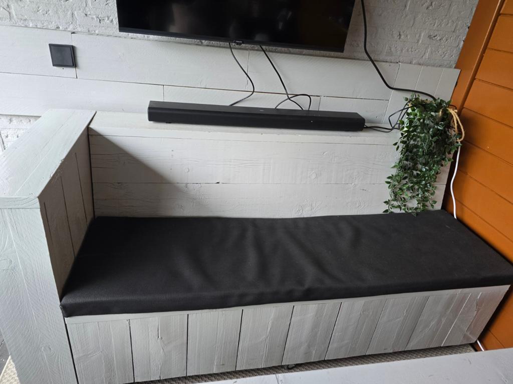 Steigerhouten tuinset met kussens, Ophalen, Gebruikt, 6 zitplaatsen, Steigerhout