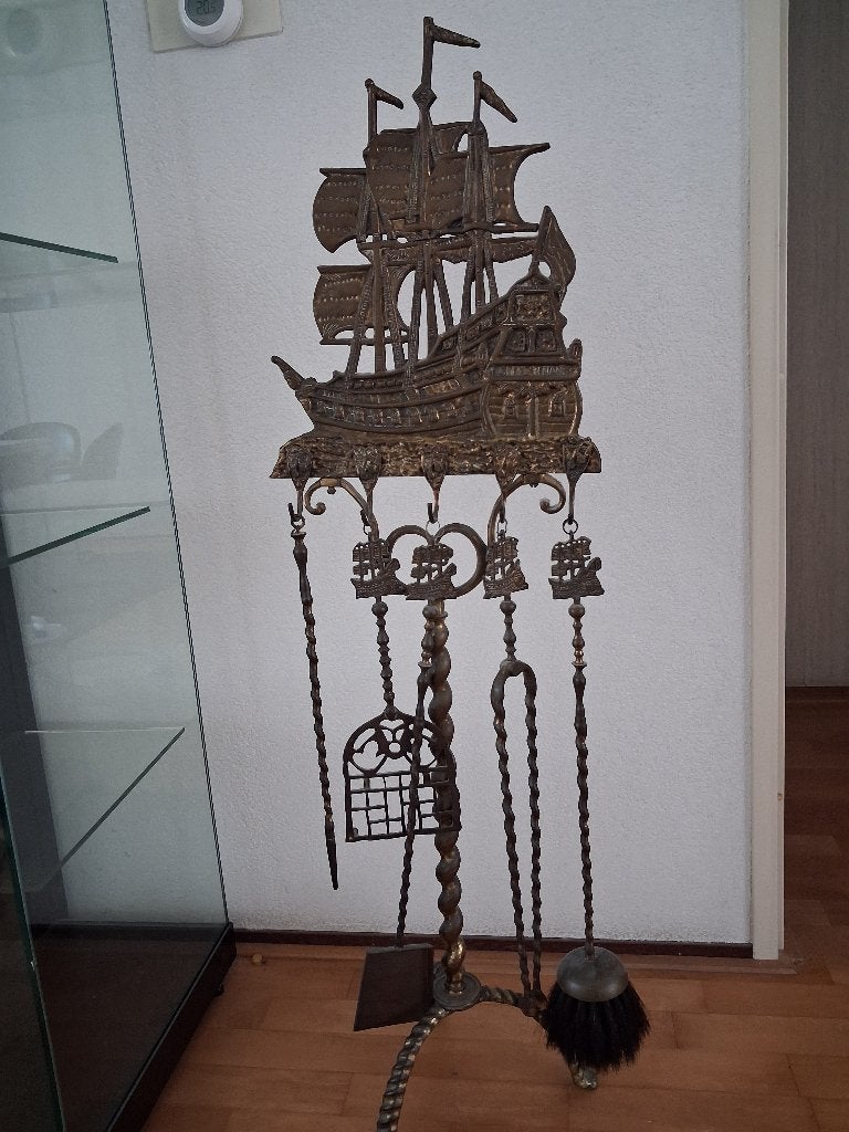 Antiek haardstel met scheepsmotief, Antiek en Kunst, Ophalen, Brons