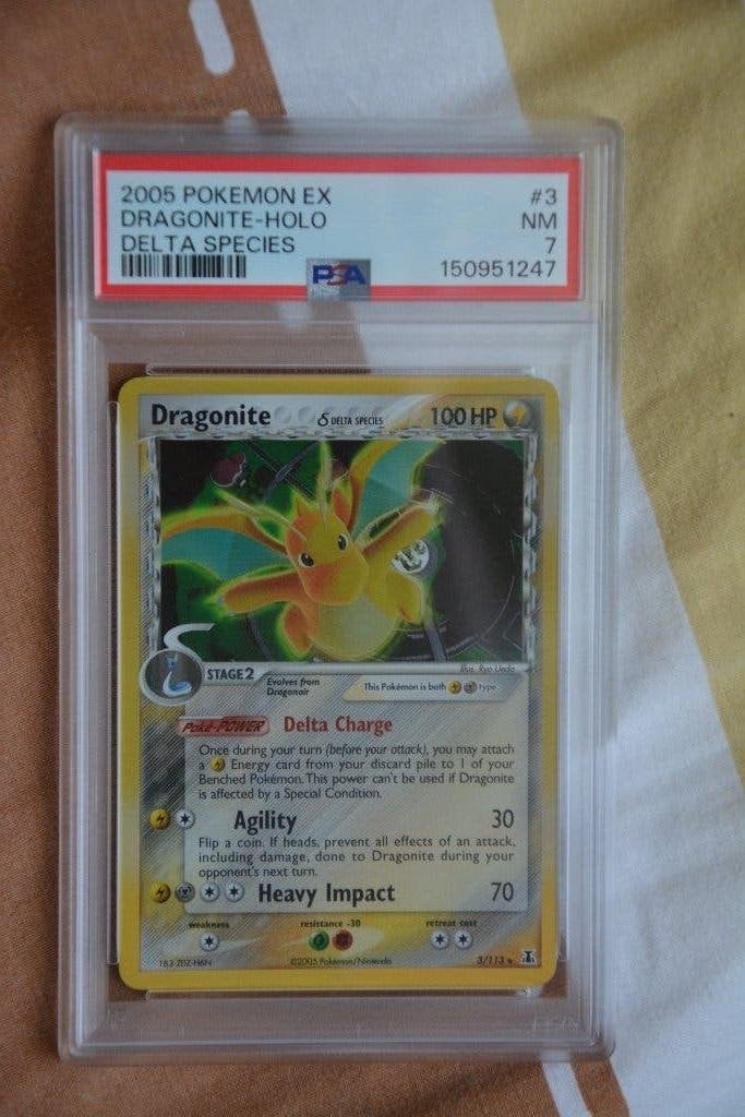 Dragonite Holo EX Delta Species PSA 7, Ophalen of Verzenden, Gebruikt, Losse kaart, Foil