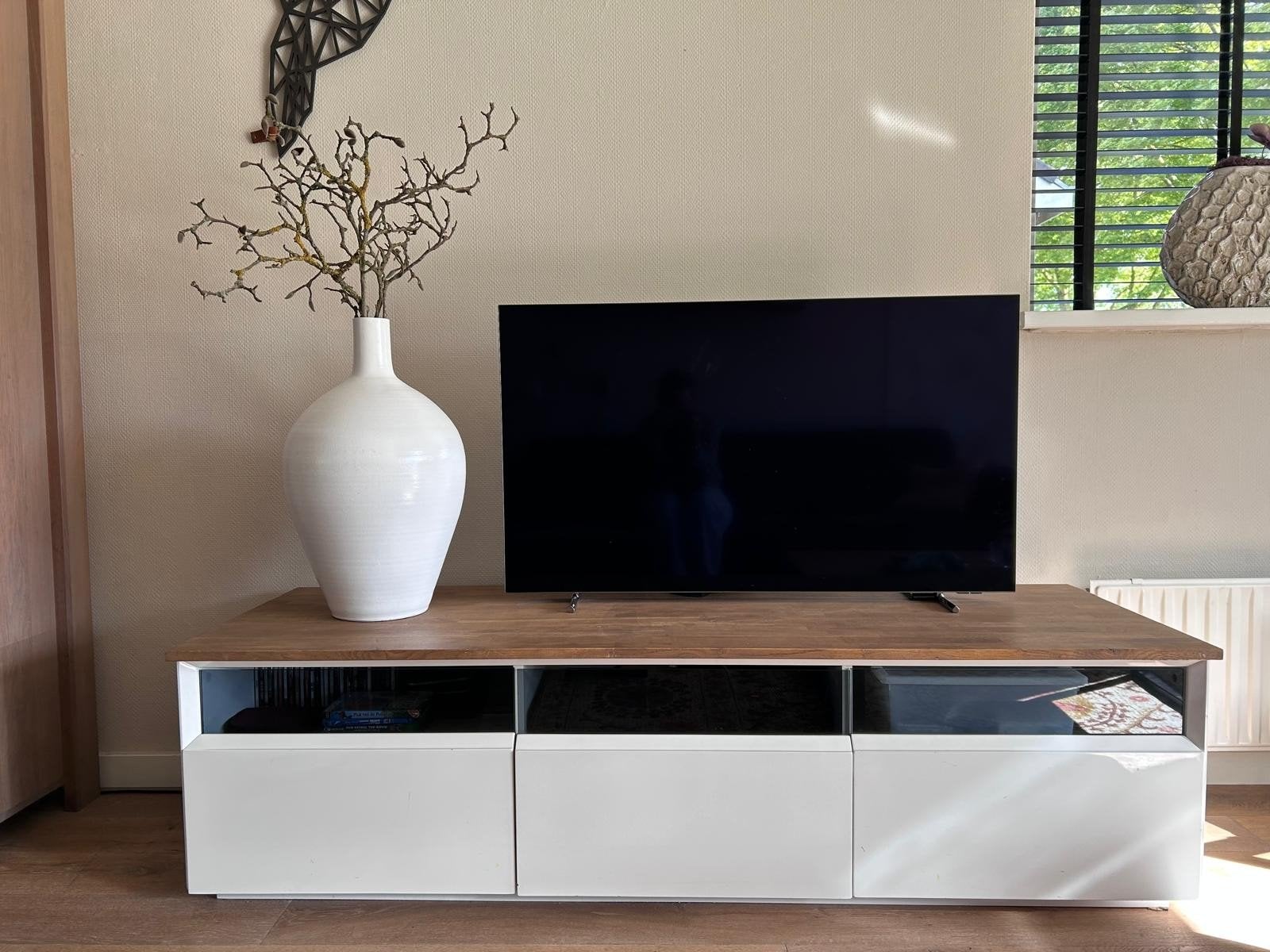 Hoogglans wit design tv-meubel met of zonder houtenplank, Ophalen, Gebruikt, 150 tot 200 cm, Minder dan 100 cm