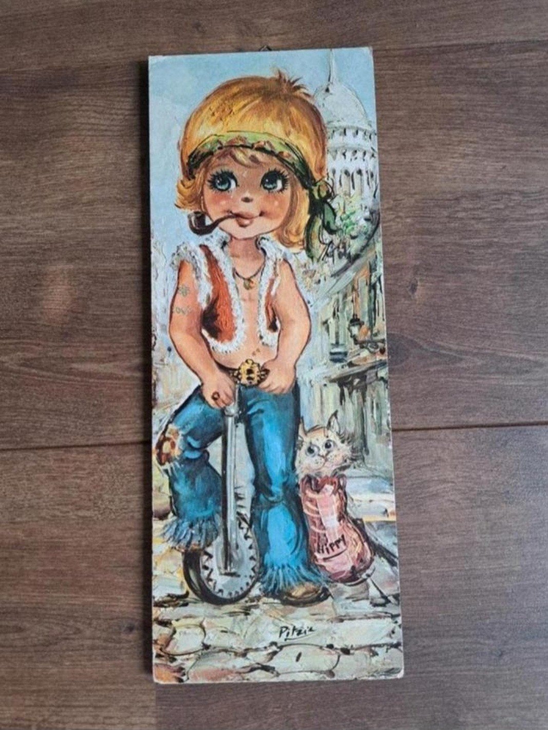 Retro prentje op hardboard meisje step met poesje 38-14 cm, Ophalen of Verzenden, Gebruikt, Minder dan 50 cm, Schilderij