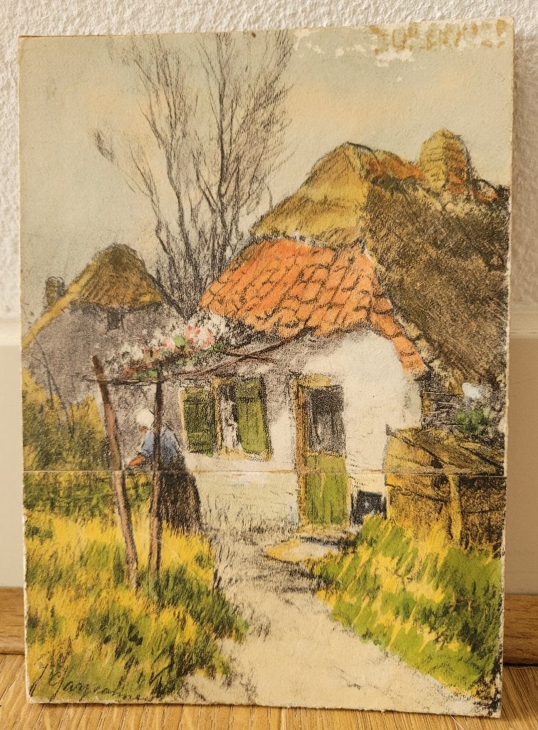 Werkje gesign. J. Garjeanne (1860-1930) 'Boerenerf', Oud hollands, Ophalen of Verzenden, Landschap, Olieverf