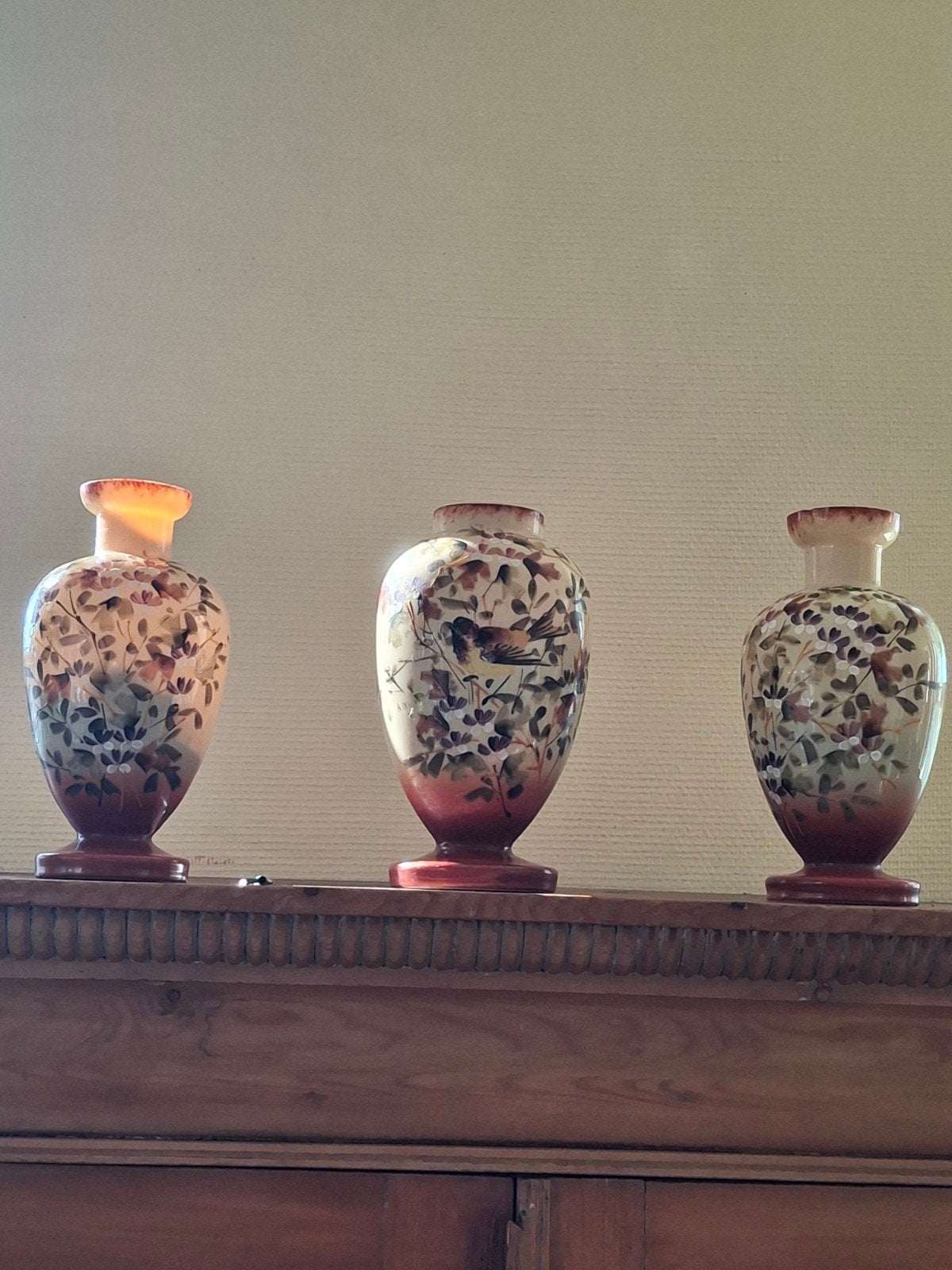 Set van 3 antieke vazen met vogel- en bloemmotief, Antiek en Kunst, Ophalen