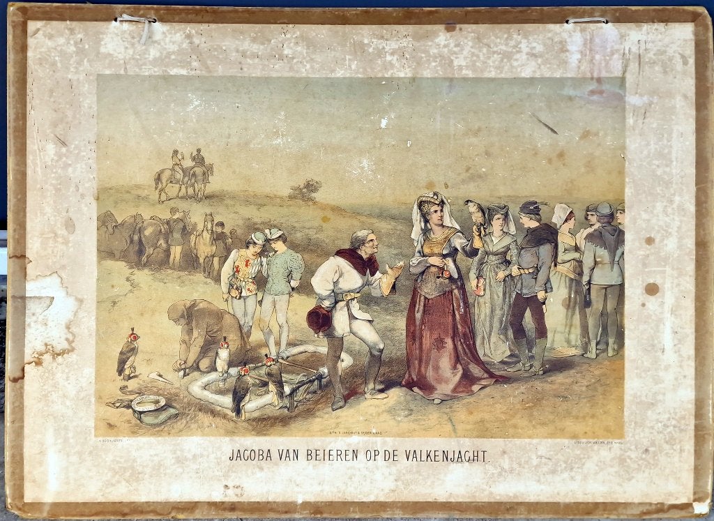 Jacoba van Beieren op valkenjacht / Ch. Rochussen, Antiek en Kunst, Antiek | Schoolplaten, Ophalen, Geschiedenis