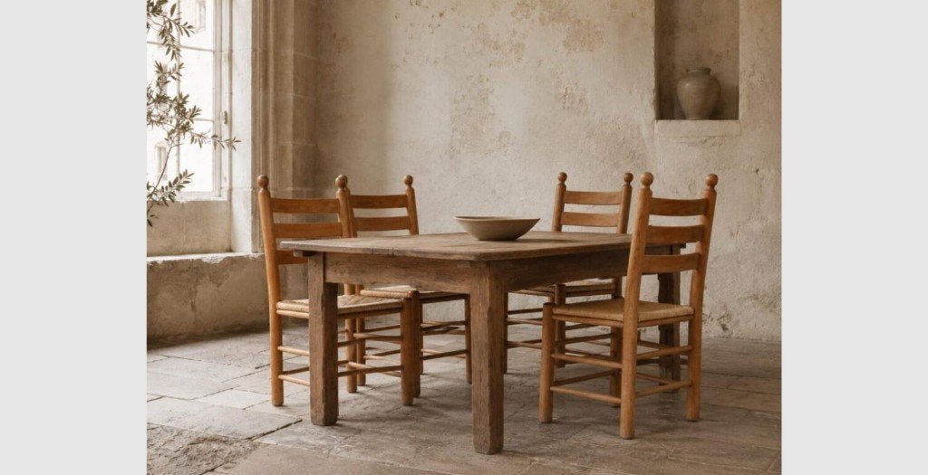 Set van vier Franse ladderback stoelen met biezen zitting, Huis en Inrichting, Stoelen, Gebruikt, Frans landelijk, Mid-century, Rustiek modern