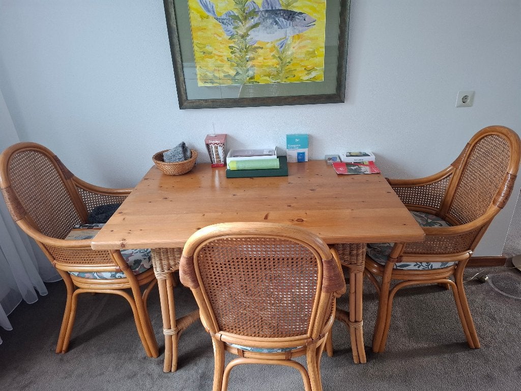 tafel 80x120 +3rotan stoelen, Huis en Inrichting, Tafels | Eettafels, Ophalen, 50 tot 100 cm, Zo goed als nieuw, Rotan met grenenhout