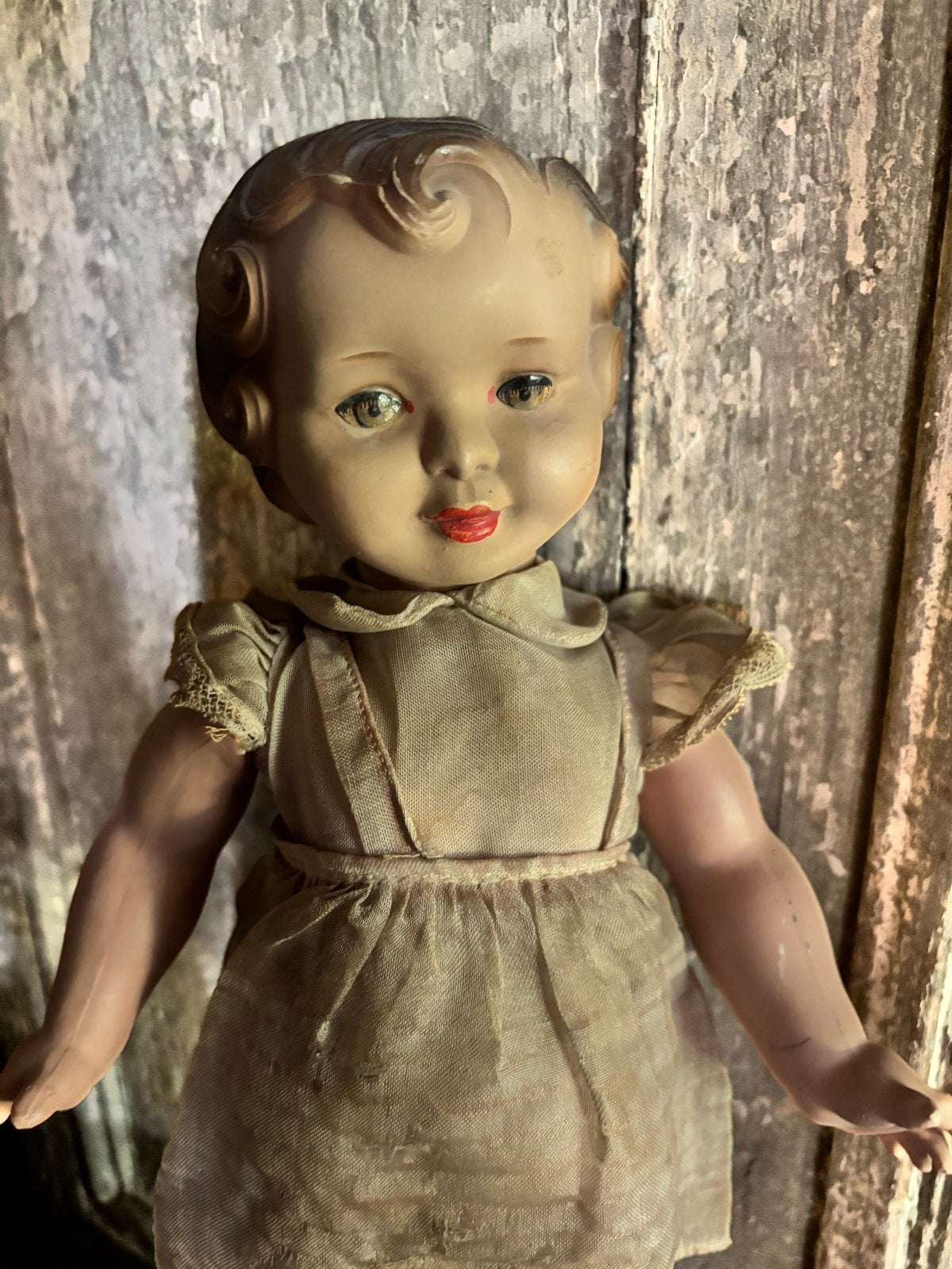 Oude Vintage Babypop met Jurkje - Jaren '50/'60, Verzamelen, Poppen, Ophalen of Verzenden, Gebruikt, Babypop