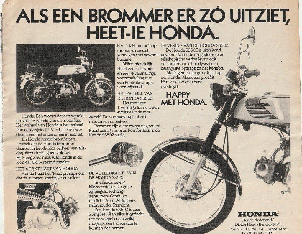 Retro reclame 1979 Honda SS50Z brommer ziet er zo uit, Verzenden, Overige typen