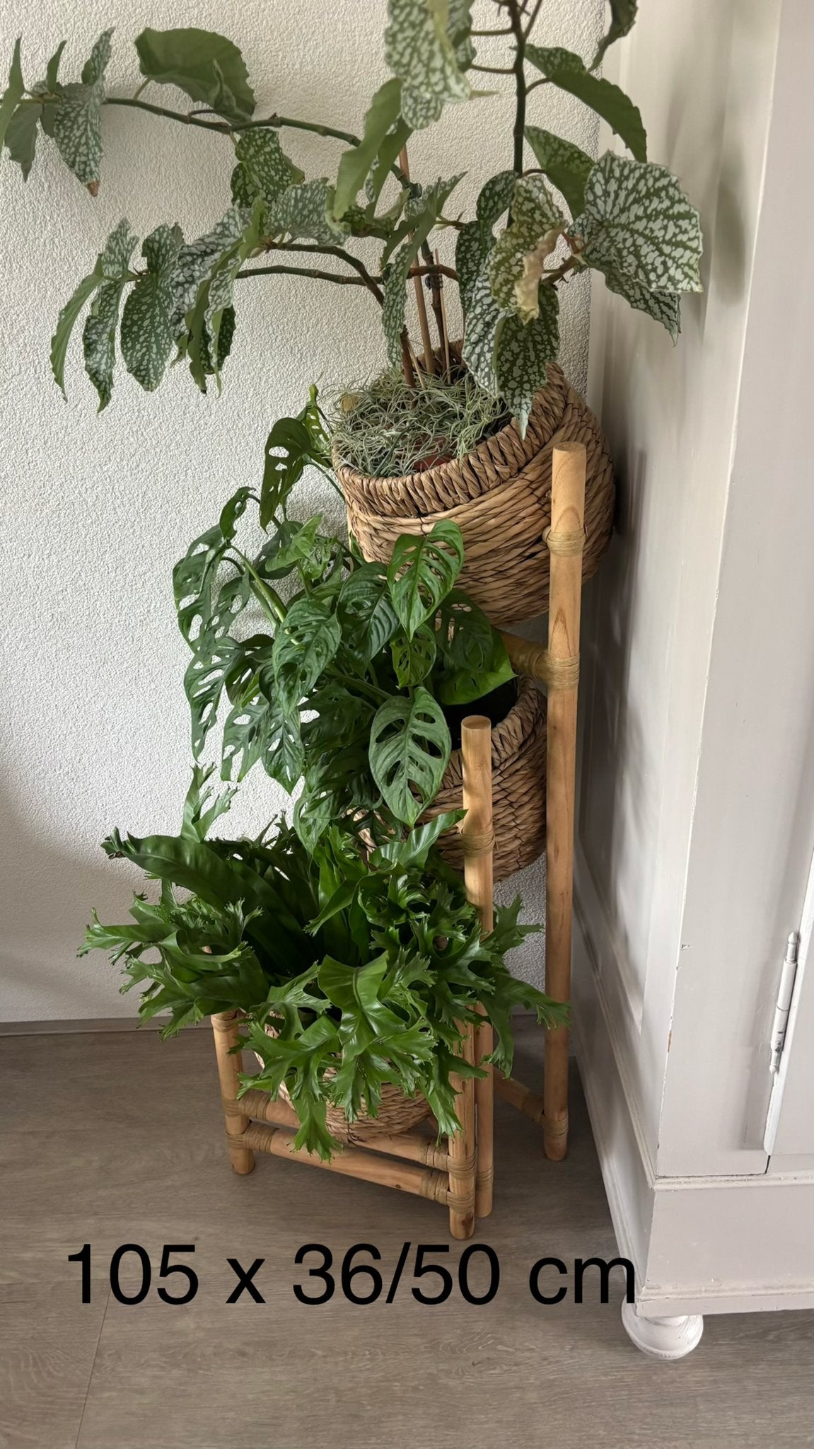 Bamboe plantenrek met 3 manden - 105x36/50 cm, Gebruikt, Ophalen of Verzenden, Landelijk, Natuurlijk materiaal