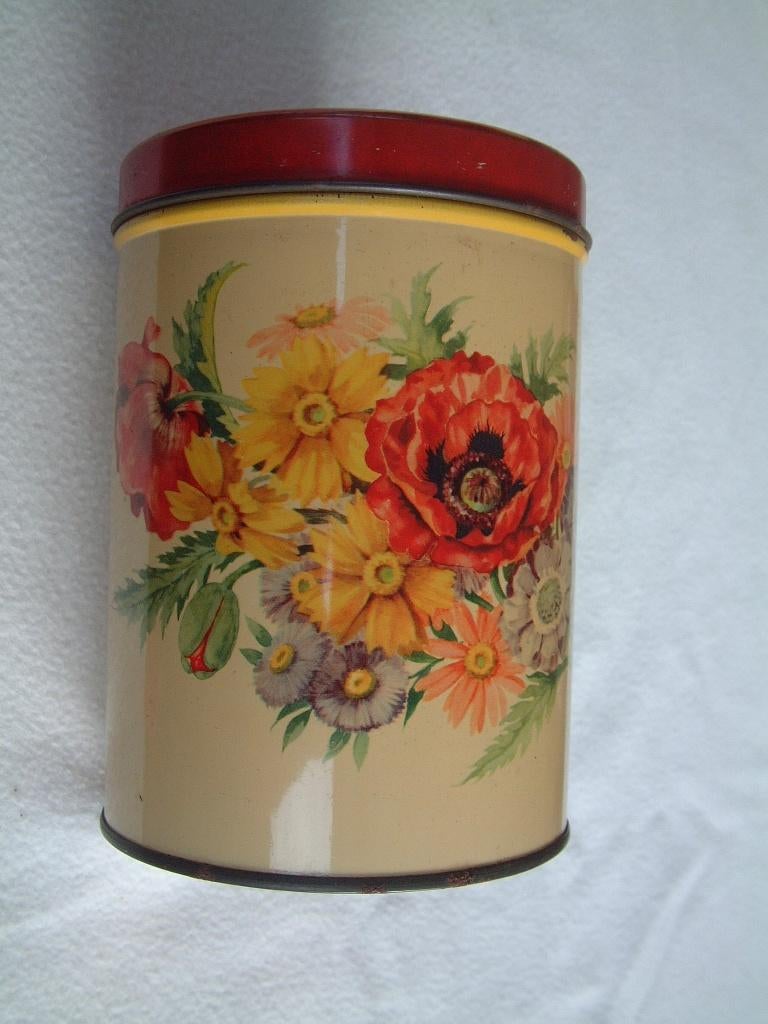 oud blik bus jaren 50 met bloemen, Verzamelen, Blikken, Gebruikt, Overige, Ophalen of Verzenden