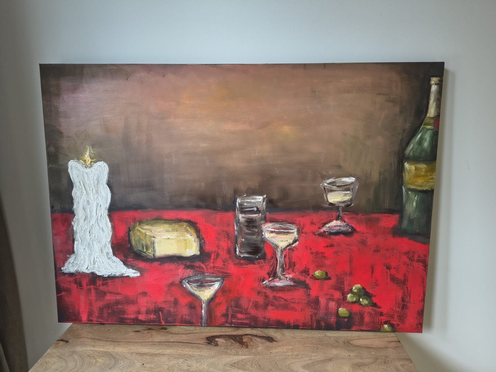 Olieverf Stilleven: Kaars, Kaas, Wijn en Olijven op Tafel, Antiek en Kunst, Ophalen, Stilleven, Handgeschilderd, Olieverf