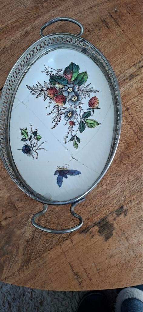 Antiek dienblad met bloemen en fruit decoratie lengte 25 cm, Ophalen of Verzenden