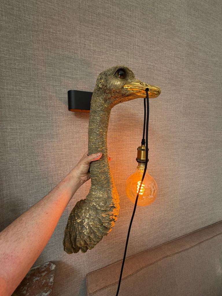 Unieke Design Wandlamp Struisvogel - Goudkleurig, Ophalen, Zo goed als nieuw, Overige materialen