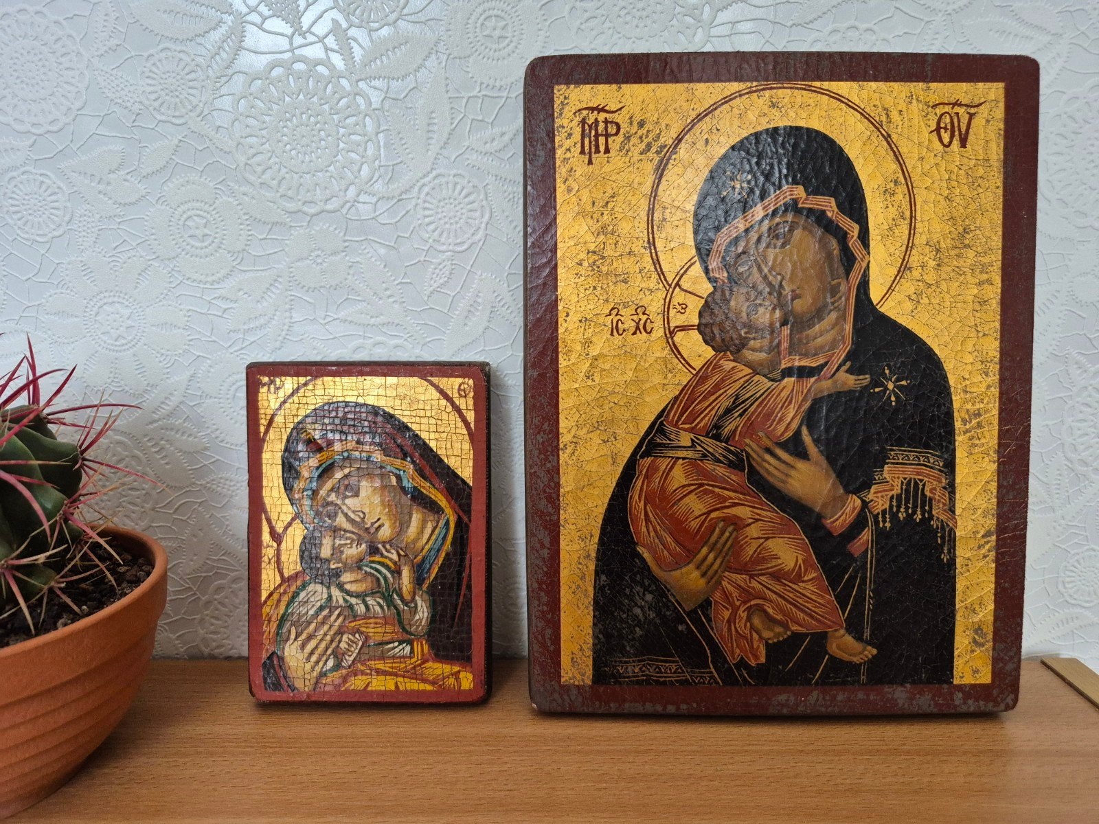 Vintage Orthodox icoon Maria met Jezus handbeschilderd, 2st, Ophalen of Verzenden