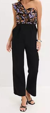 Trendy jumpsuit zwarte broek bloemen top off shoulder 42, Bonprix, Zwart, Maat 42/44 (L), Nieuw
