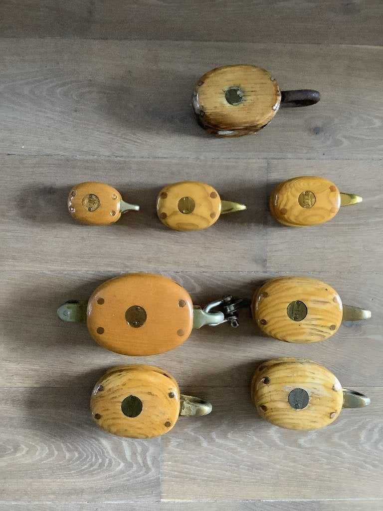 Set klassieke blokken, geolied essen, Ophalen of Verzenden, Zo goed als nieuw, Tuigage en Masten, Zeilboot