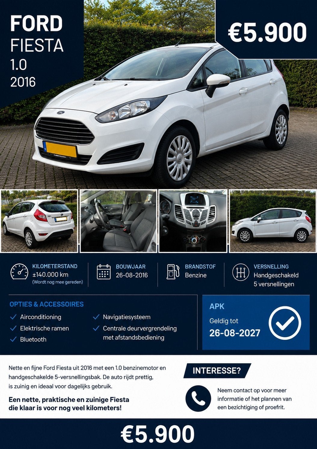 Ford Fiësta 1.0 48KW/65PK 5D 2016 Wit, Auto's, 40 €/maand, 525 kg, Origineel Nederlands, Handgeschakeld