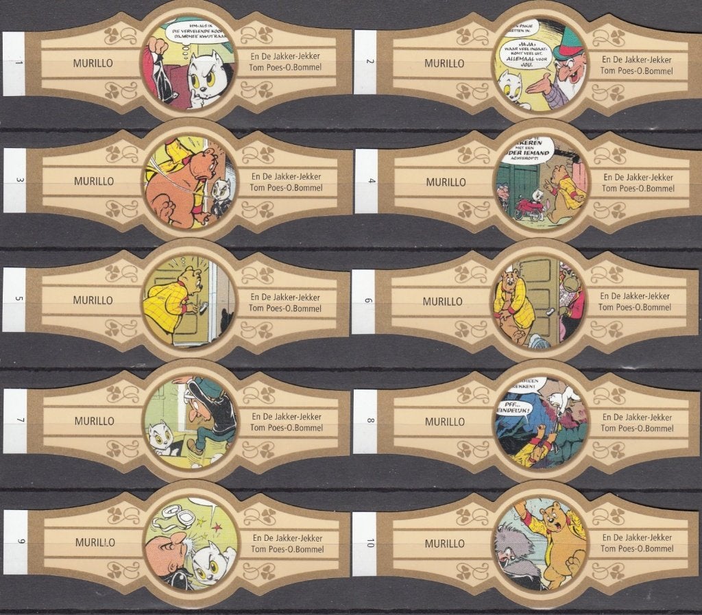 Sigarenbanden Tom Poes en De Jakker-Jekker, Murillo 1-10, Verzamelen, Ophalen of Verzenden, Nieuw, Sigarenbandjes