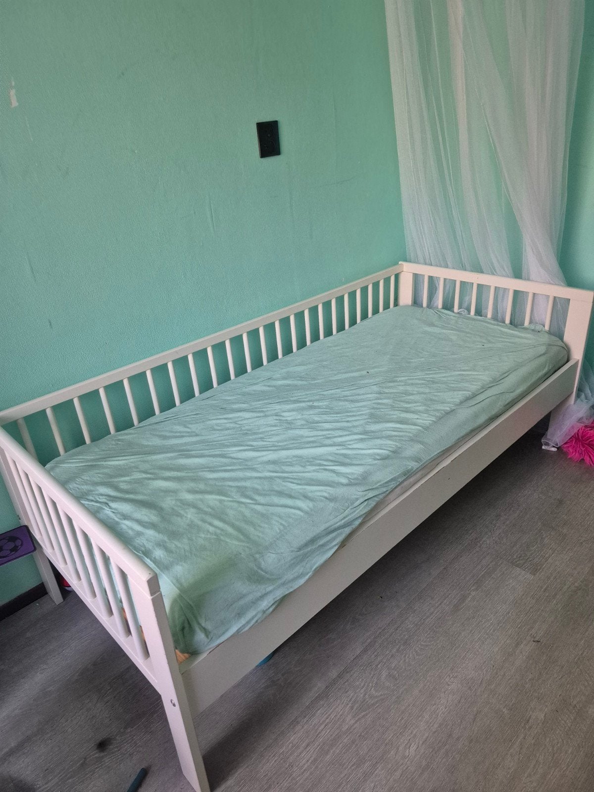 Wit kinderbed met spijlen  74/158cm, Ophalen, Gebruikt, 140 tot 160 cm, Matras