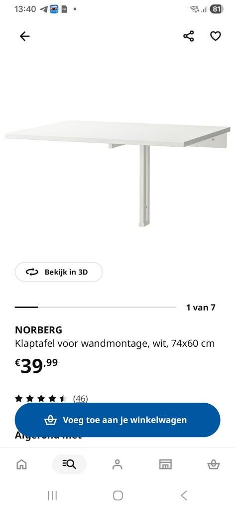 Ikea Norberg klaptafel voor wandmontage, Huis en Inrichting, Tafels | Sidetables, Ophalen, 50 tot 100 cm, Zo goed als nieuw, Rechthoekig