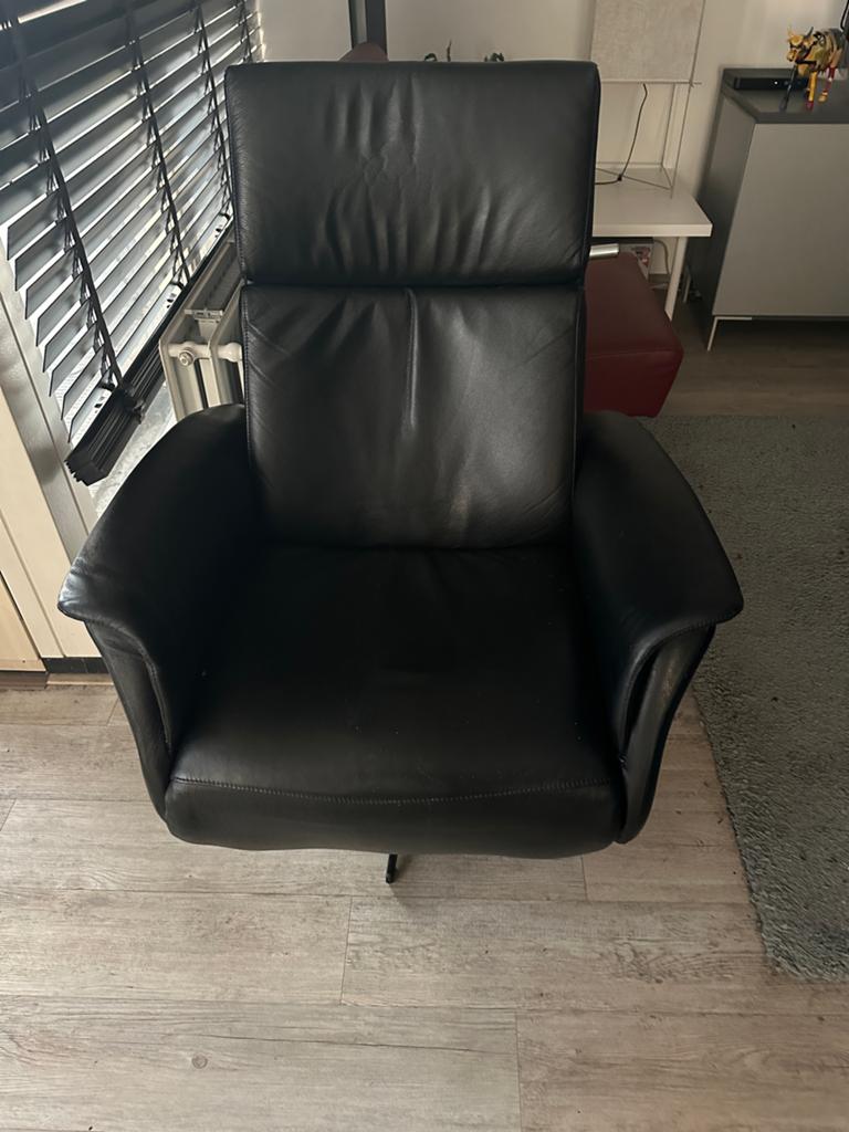 Zwarte Leren draai Fauteuil - Comfortabele Relaxstoel, Ophalen of Verzenden, Gebruikt, Leer, 75 tot 100 cm