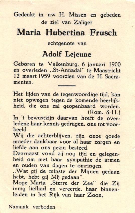 Frusch Maria Hubertina Valkenburg 1900-1959 Maastricht, Verzamelen, Ophalen of Verzenden