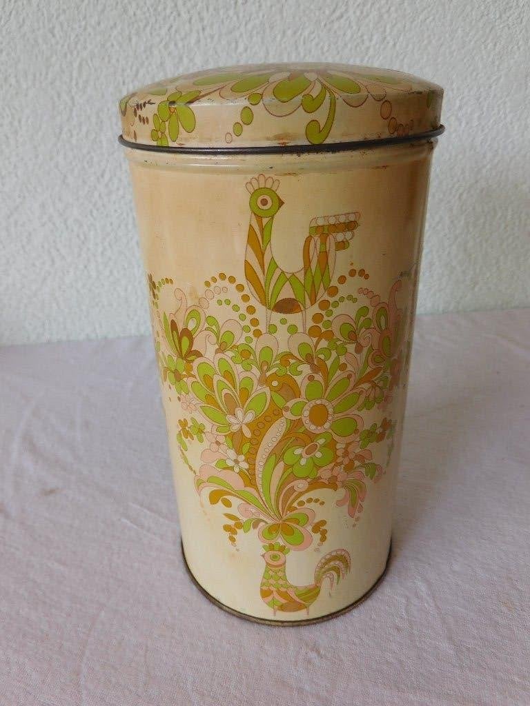 Vintage beschuitblik met vogels en bloemen in roze, groen, g, Verzamelen, Ophalen of Verzenden, Gebruikt, Beschuit, Overige merken