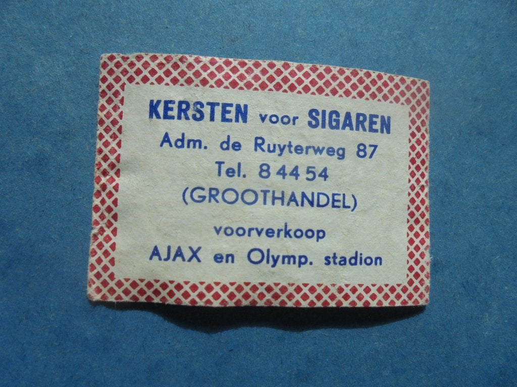 Oud luciferetiket Kersten, voorverkoop AJAX en Olymp stadion, Verzamelen, Ophalen of Verzenden, Zo goed als nieuw, Sigarenbandjes