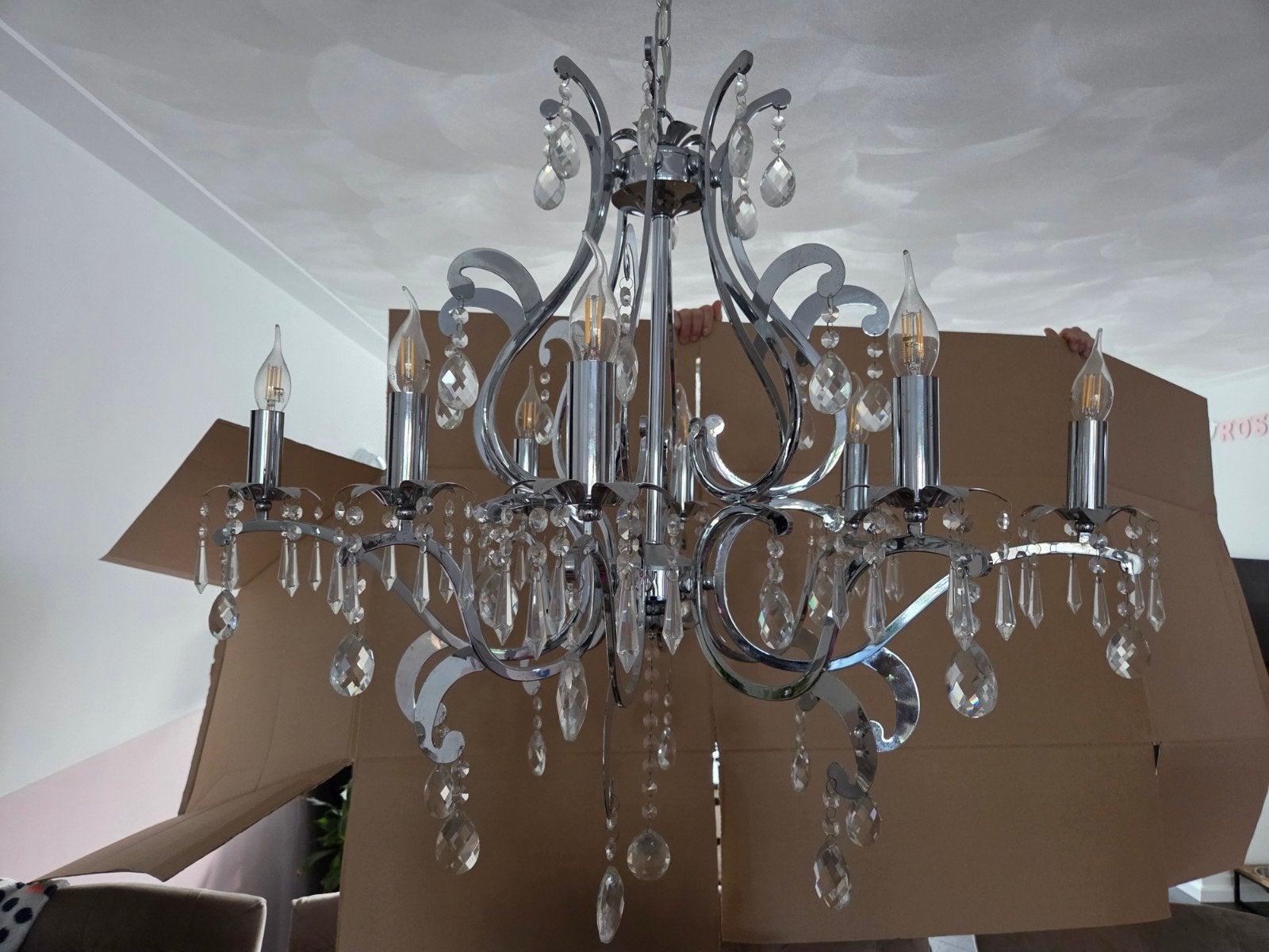 Set van 2 Kroonluchters: 6-arms Rond & 8-arms Ovaal, Huis en Inrichting, Lampen | Hanglampen, Ophalen, E14 (klein), Zo goed als nieuw