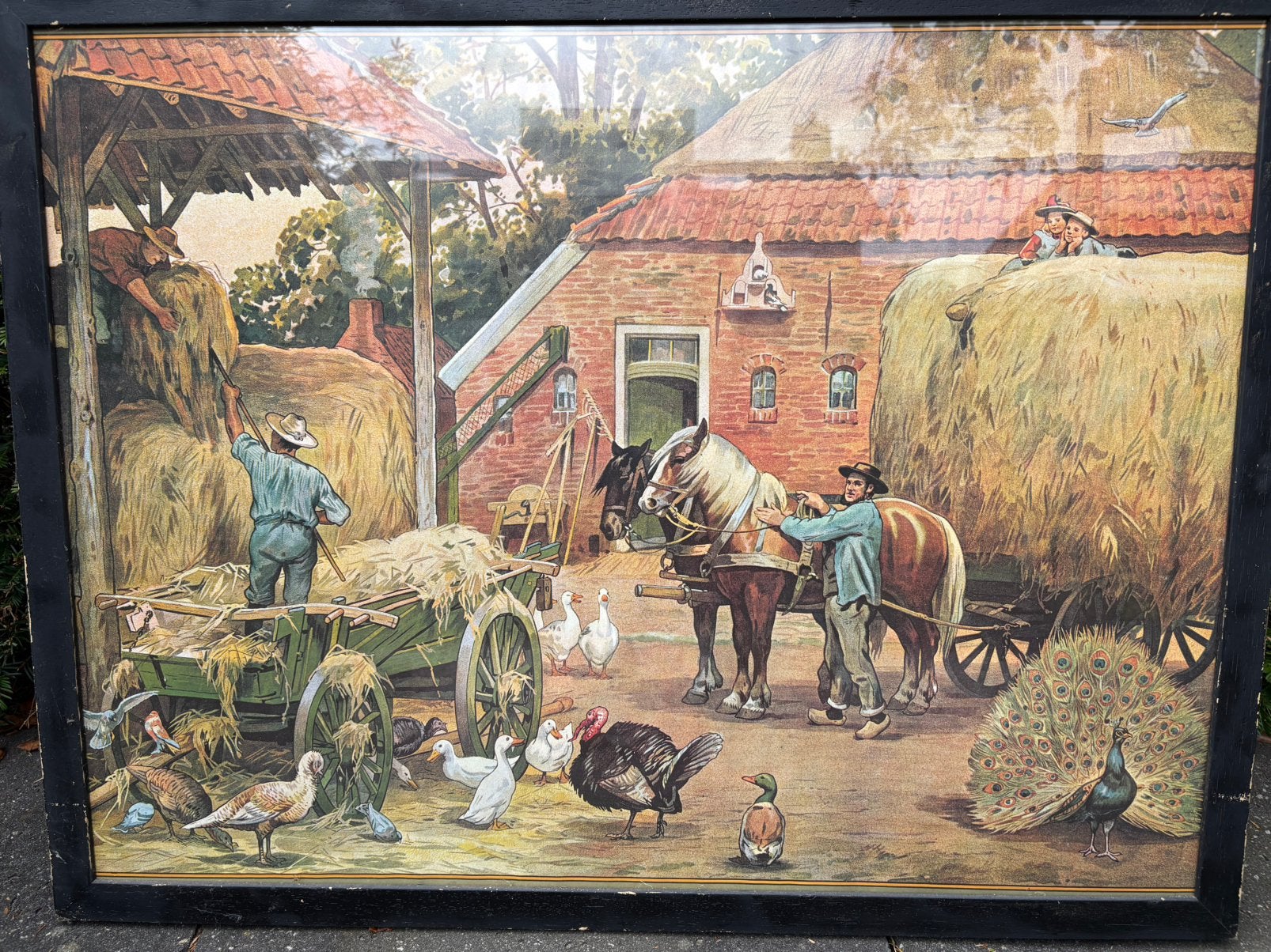 Oude prent van boeren leven in zwarte lijst, Antiek en Kunst, Kunst | Schilderijen | Klassiek, Ophalen, Oud hollands, Print, Papier