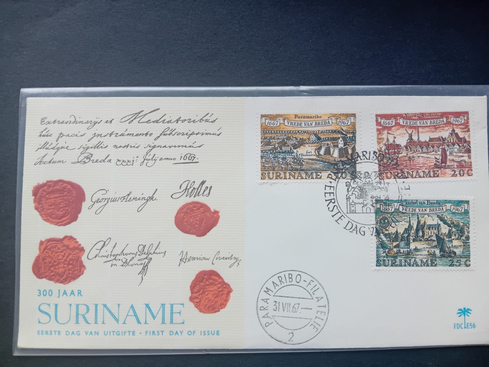 Suriname 300 Jaar Vrede van Breda Eerste Dag Uitgifte, Postzegels en Munten, Ophalen of Verzenden, Nederland