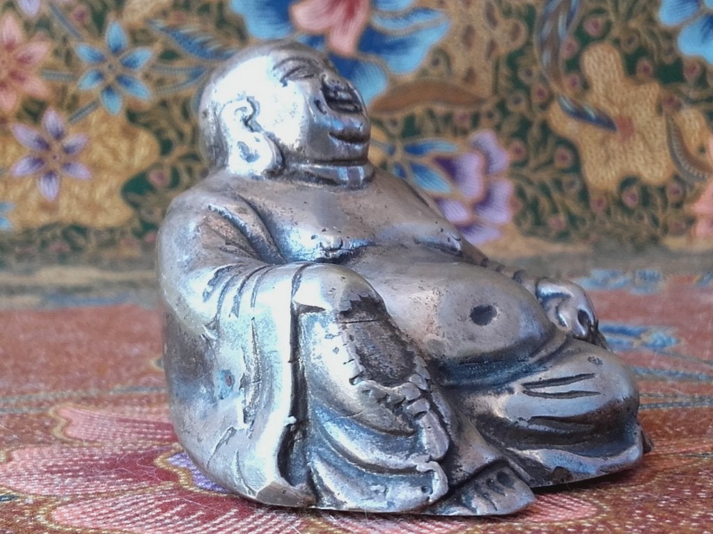 Origineel oud Chinees brons beeldje van Boeddha 5 cm., Zilver, Handgemaakt, Ophalen of Verzenden, China