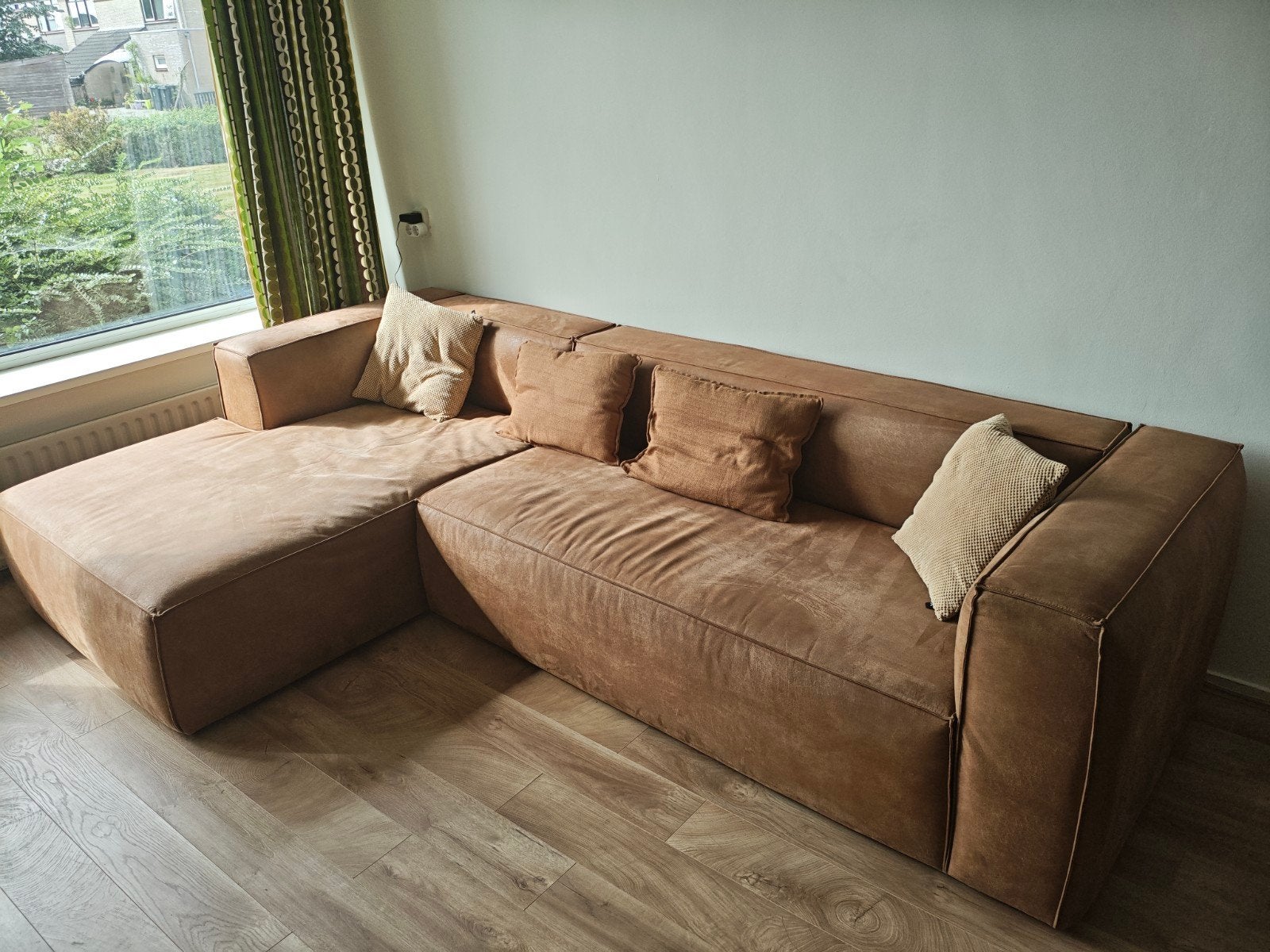 Woood bean Hoekbank Links Ecoleer Cognac, Ophalen, 250 tot 300 cm, Gebruikt, 100 tot 125 cm