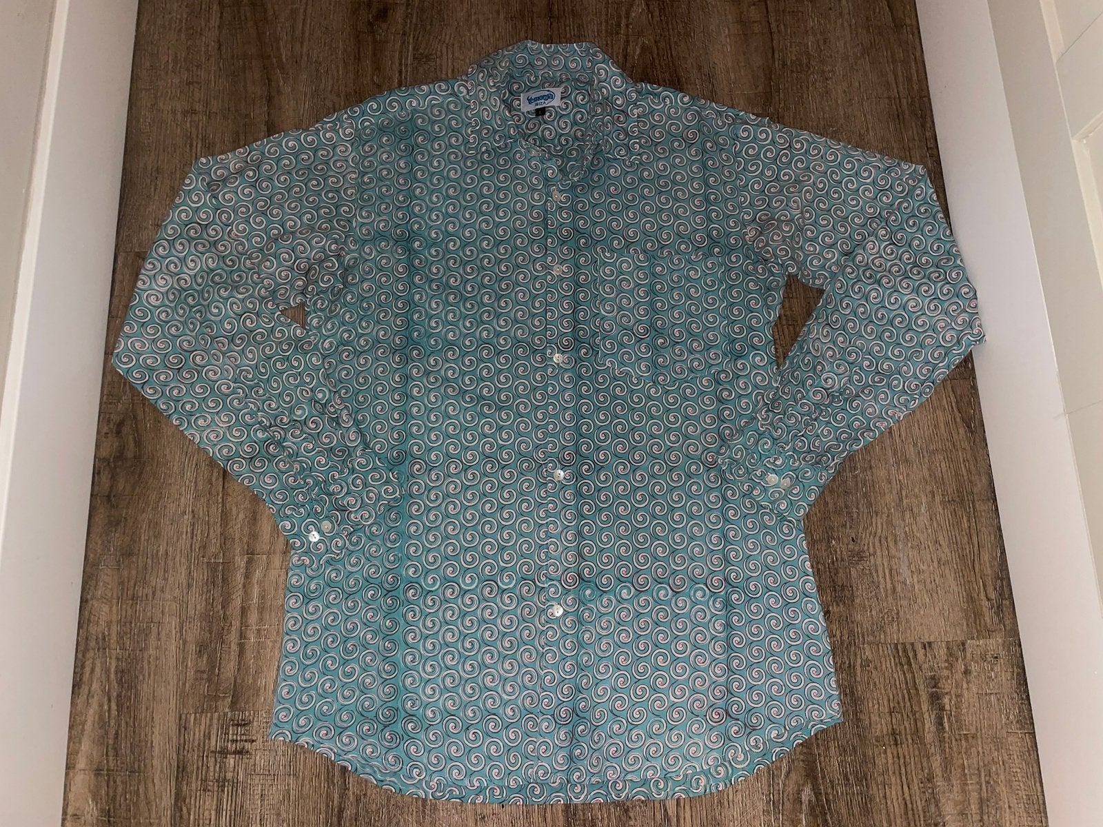 Yemanja ibiza man turquoise golf print blouse overhemd mt L, Ophalen of Verzenden, Zo goed als nieuw, Blauw, Halswijdte 41/42 (L)