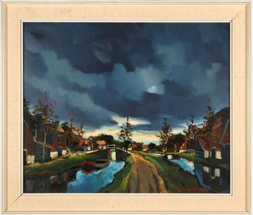 Toon Koster (1913) Olieverf Board "Dorp aan 2 Rivieren " Ges, Ophalen of Verzenden