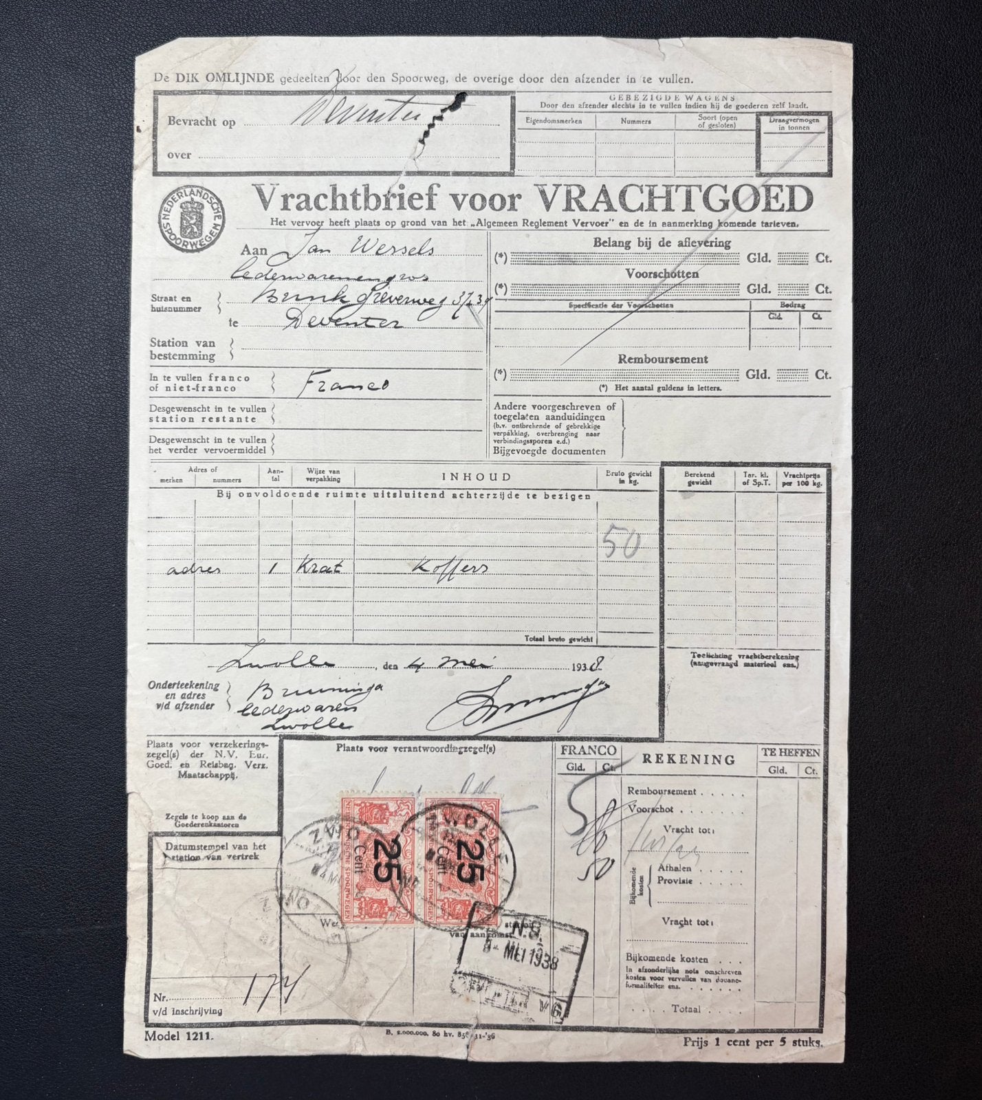 Vrachtbrief koffers van Zwolle naar Deventer (1938), Ophalen of Verzenden, Gebruikt, Trein