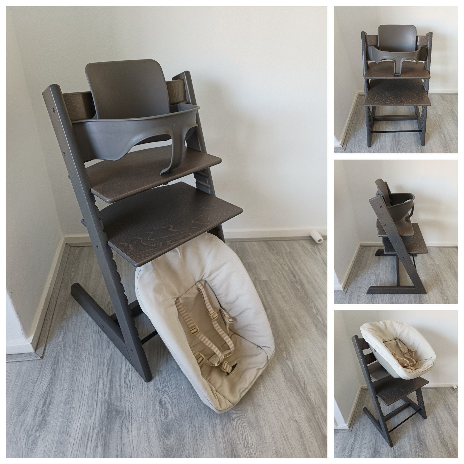 ZGAN! Stokke Tripp Trapp hazy grey+babyset en newbornset, Meegroeistoel, Ophalen of Verzenden, Zo goed als nieuw, X