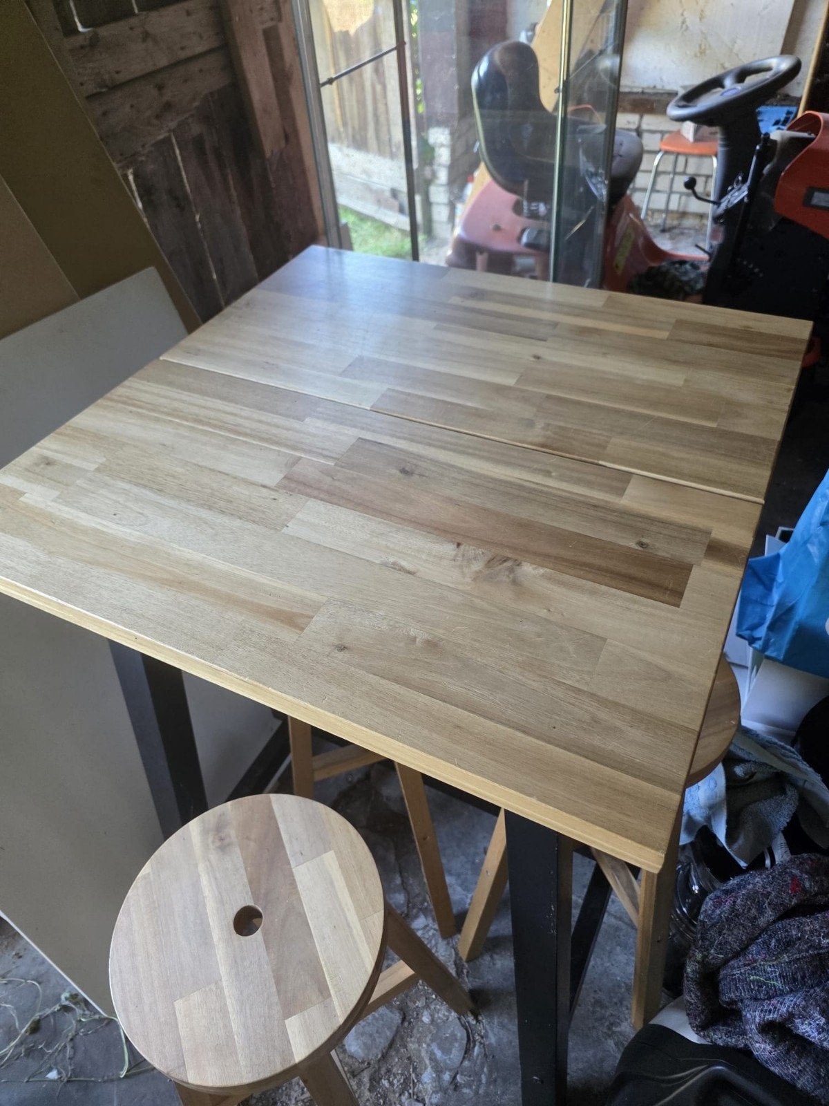 Houten bartafel met 3 krukken, Ophalen, Gebruikt, 90 cm of meer, 3 krukken