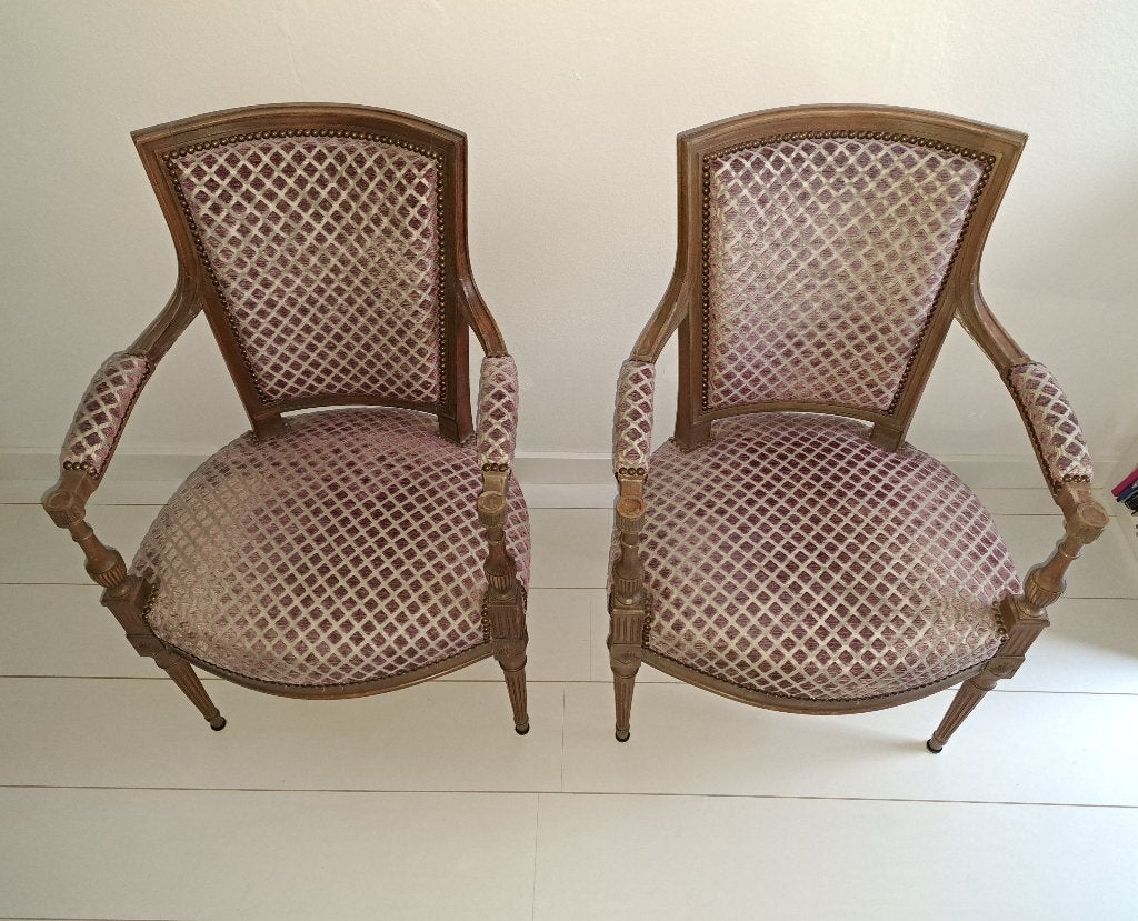 Set van 2 antieke fauteuils - Lodewijk XVI stijl, Ophalen, Hout, Gebruikt, Twee