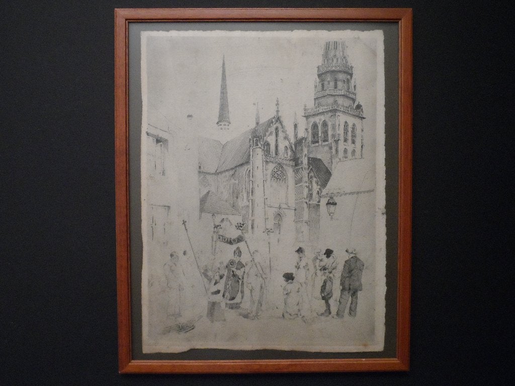 Gedetailleerde tekening kerkuitgang Bisschop met monstrans, Antiek en Kunst, Ophalen of Verzenden