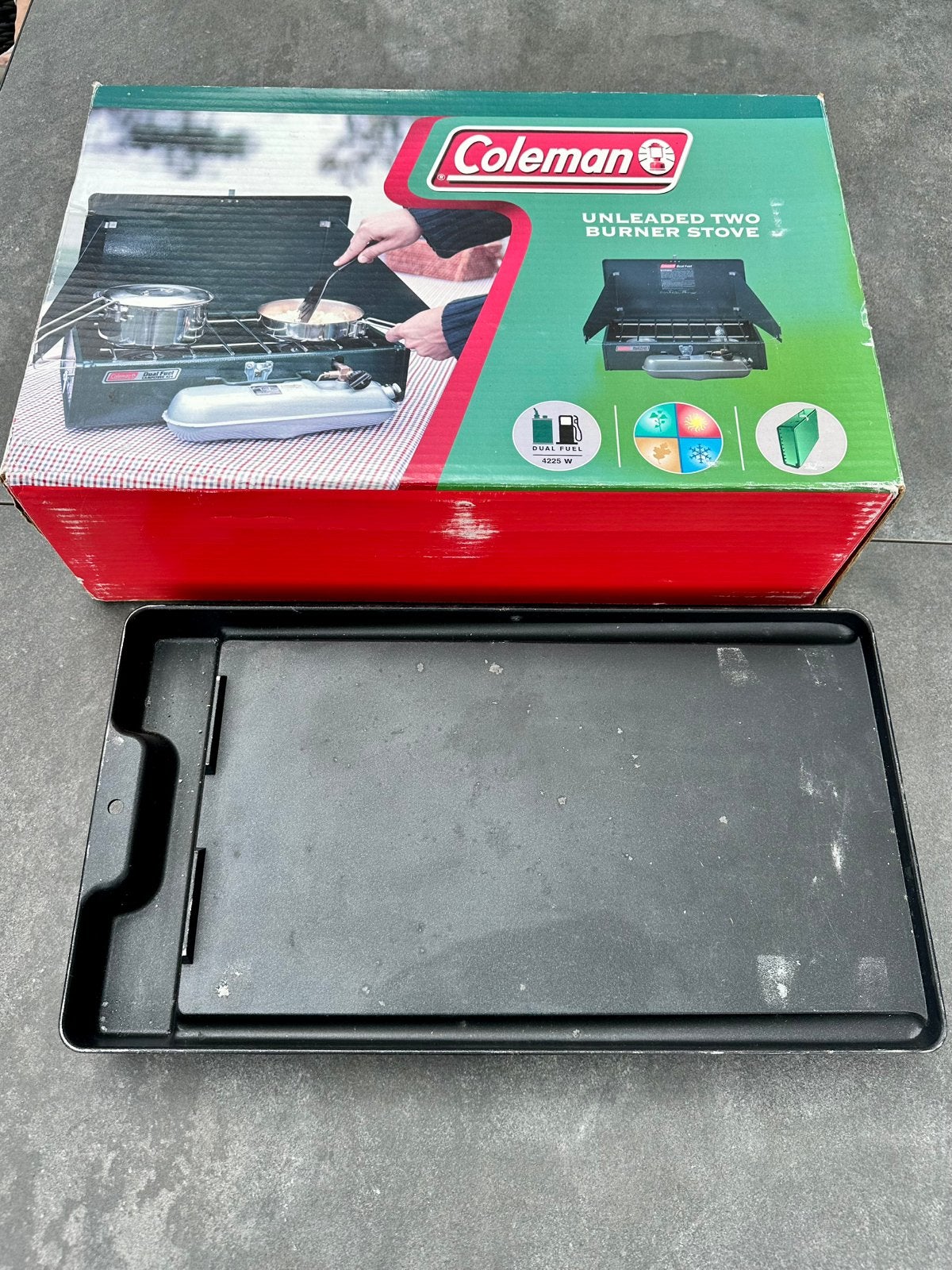 Coleman 424 Unleaded Camping Stove + Bakplaat!!, Ophalen of Verzenden, Gebruikt