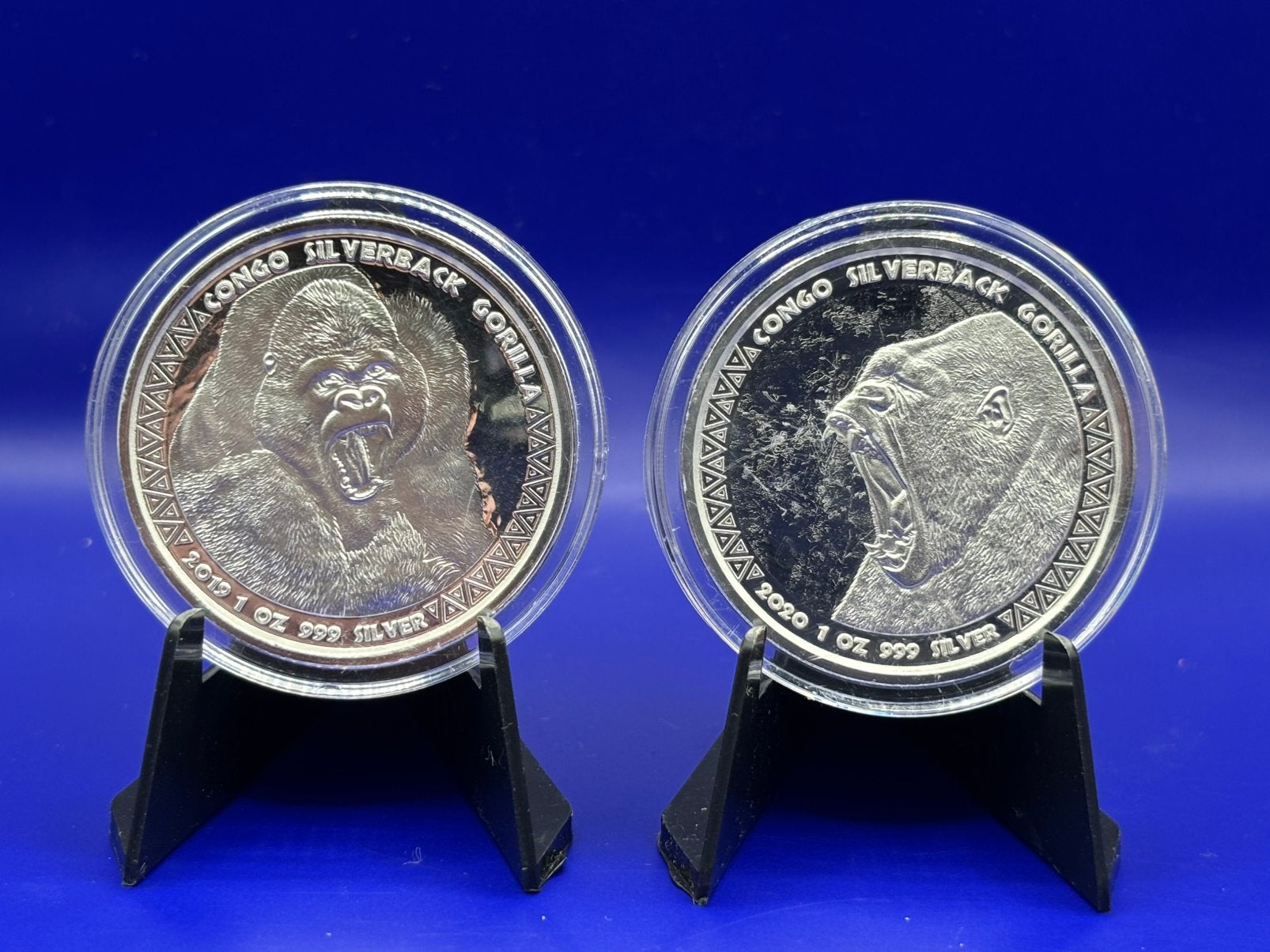 2 x 1oz Congo Silverback Gorilla zilver 2019 + 2020, Postzegels en Munten, Edelmetalen en Baren, Ophalen of Verzenden, Zilver