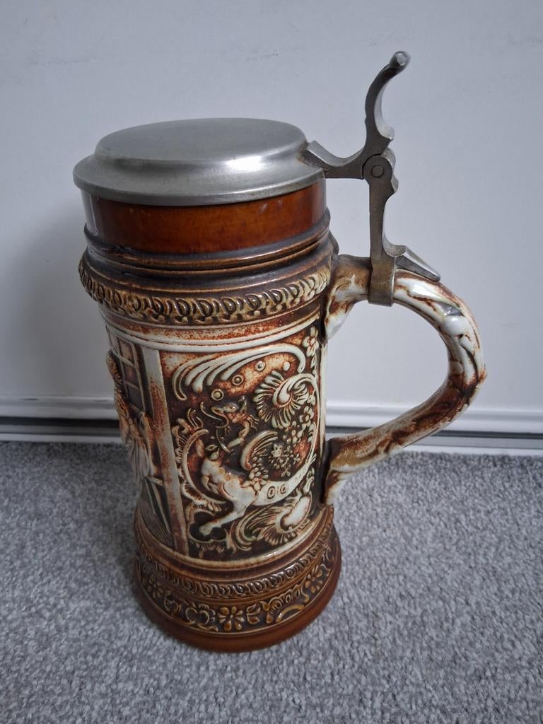 Vintage Duitse Bierpul met Tinnen Deksel, Antiek en Kunst, Ophalen of Verzenden