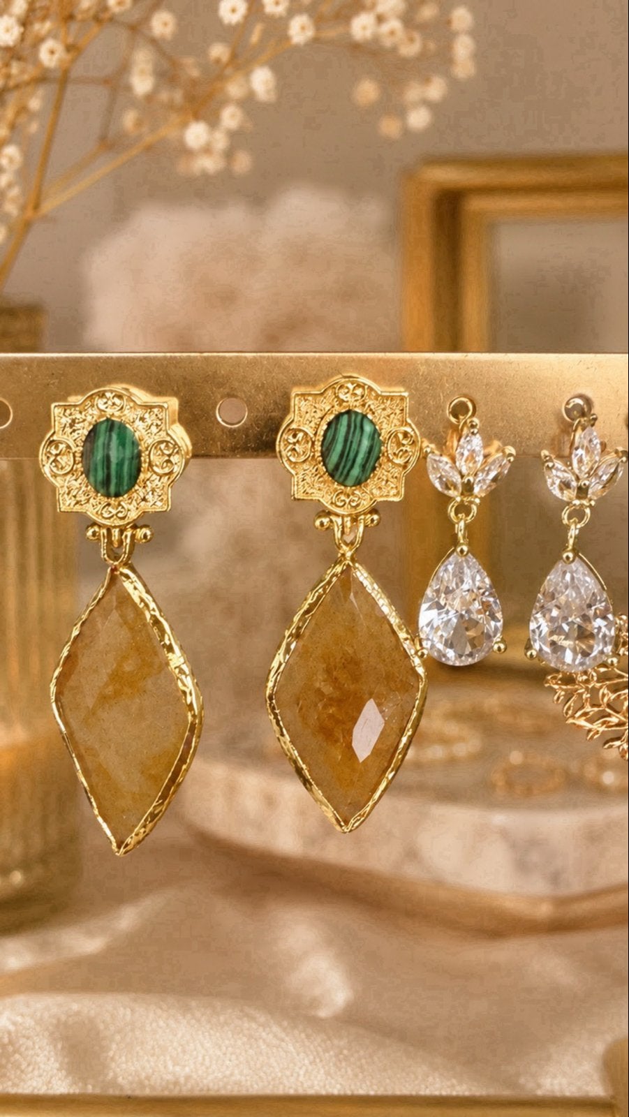 Chique 18k Gouden Oorbellen met Citrien & Malachiet, Hangers, Verzenden, Nieuw, Met edelsteen
