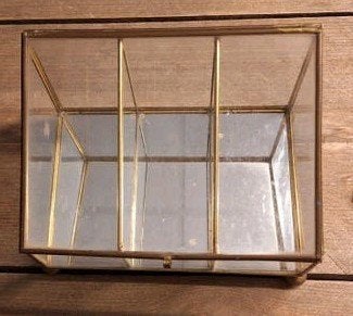 Glazen sieradendoosje met goudkleurige rand en spiegel, Ophalen, Vintage, Gebruikt, Goud